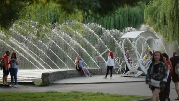 Una Passeggiata Lungo Lago Del Parco Cittadino Con Una Fontana — Video Stock