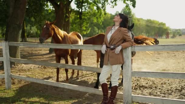 Uma Mulher Elegantemente Vestida Fica Perto Cavalos Uma Paddock Aula — Vídeo de Stock