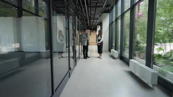 男人和女人在轻便的写字楼走廊里聊天和散步 — 图库视频影像