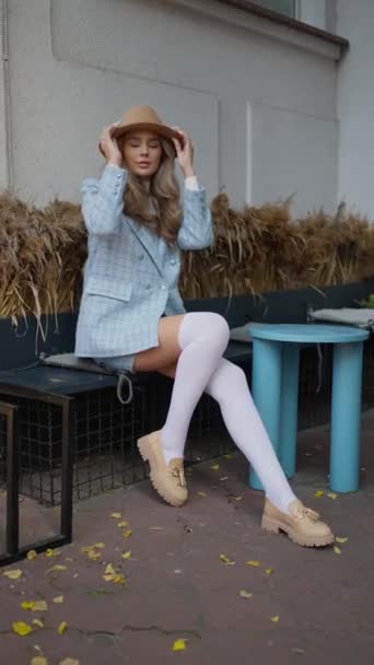Seductive Girl Urban Style Colorful Jacket Short Skirt Posing Stockings — Stock Video