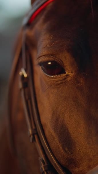 一匹棕色的马 长着一双褐色的眼睛 头戴漂亮的头饰 站在马厩里 马头特写侧视图的马闪烁 骑马的概念 — 图库视频影像