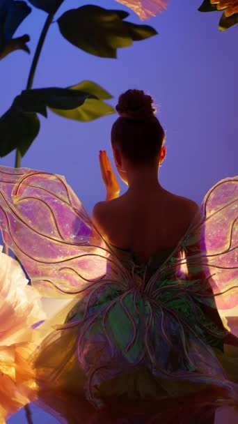 Bailarina Realiza Traje Mariposa Sobre Fondo Flores Artificiales — Vídeos de Stock