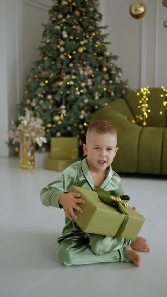 陽気なコーカサス人の小さな男の子の肖像画は 光沢のあるクリスマスギフトボックスに存在するものを推測しようとしました クリスマスプレゼント付きの子供の幸せな顔 — ストック動画