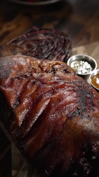 Grilled Pork Tenderloin Served Plate Hot Sweet Sauce Close — Stock Video