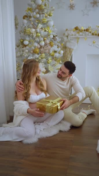 Egy Férfi Ajándékokat Gyönyörű Terhes Feleségének Boldog Terhes Feleség Fogantatás — Stock videók