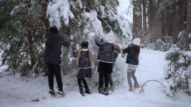 Neşeli çocuklar beyaz bir kış parkında eğleniyorlar, gülümsüyorlar, birbirlerine kar atıyorlar.