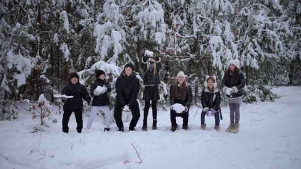 Gruppe Von Teenagerfreunden Die Bei Trübem Winterwetter Park Miteinander Spielen — Stockvideo