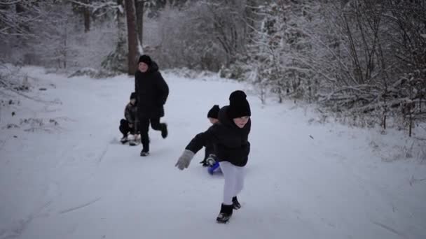 Αγόρια Τρέχουν Ένα Χιονισμένο Λόφο Και Τραβούν Ένα Έλκηθρο — Αρχείο Βίντεο