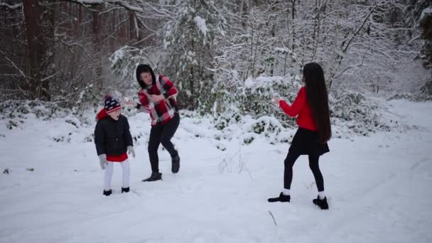 Fröhliche Familie Spielt Schneebälle Einem Verschneiten Wintertag Wald — Stockvideo
