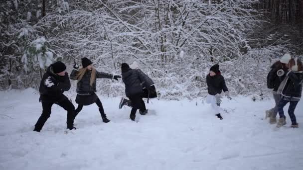 子供たちは雪の中で遊んで お互いに投げ合っています — ストック動画