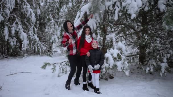 Fröhliche Familie Mit Weißem Schnee Bedeckt — Stockvideo