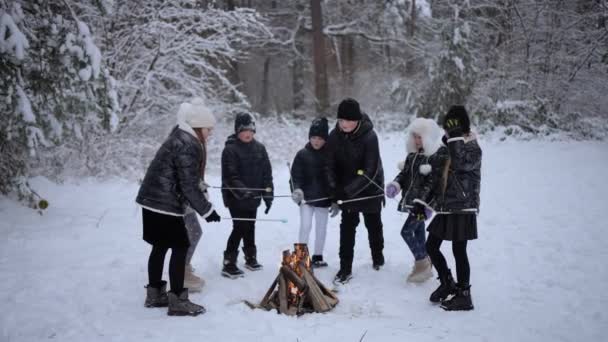 子供たちはキャンプファイヤーの近くに立っており 白雪に覆われた森でマシュマロを焙煎しています — ストック動画