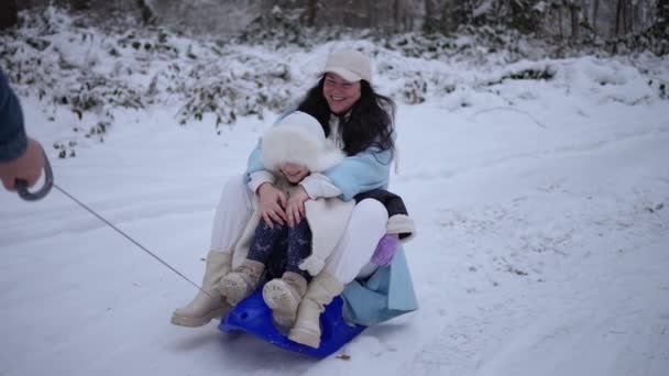 Una Niña Feliz Madre Ropa Abrigo Cabalgan Trineo Nieve Blanca — Vídeos de Stock
