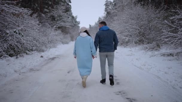 Glückliches Paar Beim Spazierengehen Verschneiten Wald Unter Schnee Verliebte Halten — Stockvideo