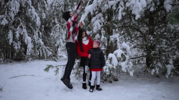 男は妻と息子に雪で枝を振っている 冬の雪の森を歩くハッピーファミリー 曇りの晴れた日に — ストック動画
