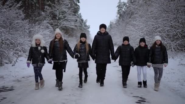 冬に森で雪の中を歩いている子供の友人のグループ — ストック動画