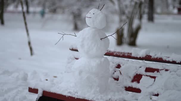 笑顔の面白い雪だるまがベンチに立っている 伝統的な冬のレクリエーション 雪だるまを作る — ストック動画