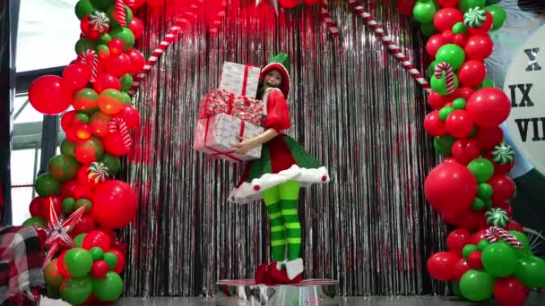 Happy Fena Elf Dárkovými Krabicemi Pozadí Vánoční Dekorace — Stock video