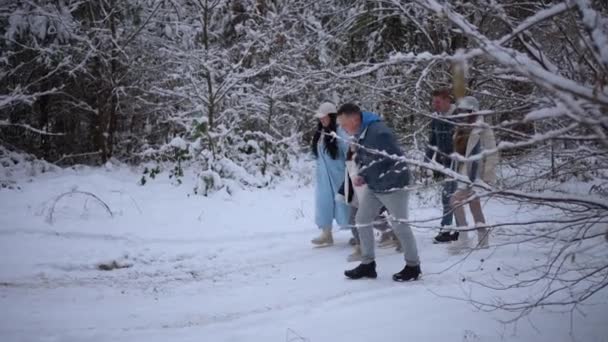 人々は子供が手を握っている雪の森で楽しんでいます — ストック動画