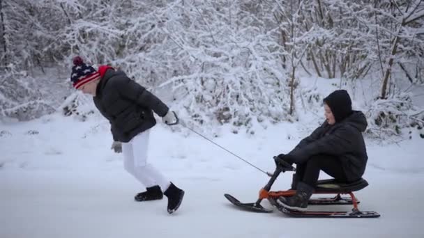 Bir Oğlan Arkadaşını Kızakla Kış Kar Parkına Götürür Doğada Aktif — Stok video