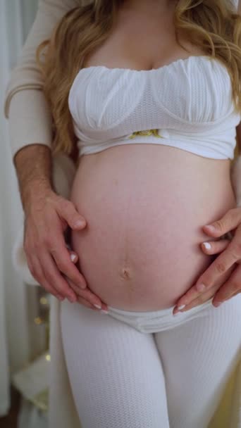 Ein Mann Umarmt Seine Schwangere Frau Vor Dem Hintergrund Von — Stockvideo