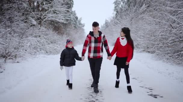 冬に雪の公園を歩いている小さな息子と幸せな夫婦 週末に一緒にレジャー時間を過ごす — ストック動画