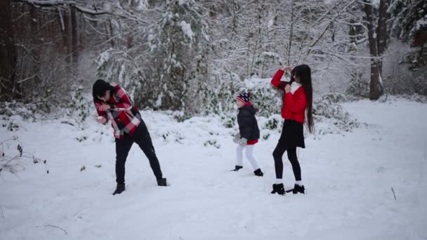 Młoda Rodzina Małym Synem Bawi Się Zimowym Lesie Rodzice Dzieci — Wideo stockowe