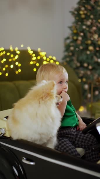 Niño Conduce Coche Pequeño Para Navidad — Vídeos de Stock