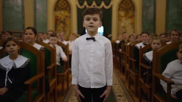 Porträt Eines Kleinen Jungen Vordergrund Der Mit Einer Gruppe Von — Stockvideo