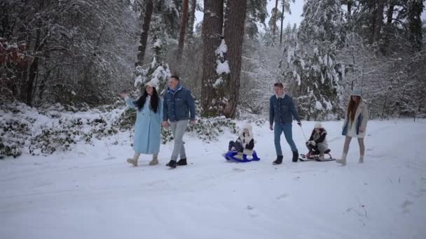 子供連れの家族が雪の森を散歩し 小さな子供をスライドで連れて行きます — ストック動画