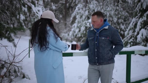 Couple Mignon Marchant Dans Forêt Hiver Pique Nique — Video