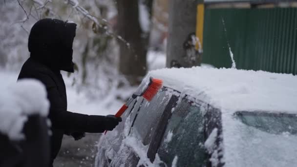 冬の車窓から雪が降る 雪と氷から車のガラスをきれいにして下さい 女性は吹雪の後 車から新雪を取り除きます — ストック動画