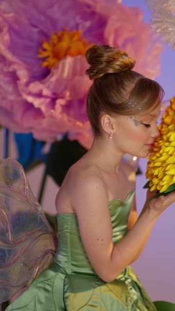 Girl Fairi Tsostume Admires Big Flower Vgimsitsal Scene — Stok Video
