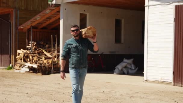 Man Carries Large Log Farm Village Man Collects Firewood — Stock Video