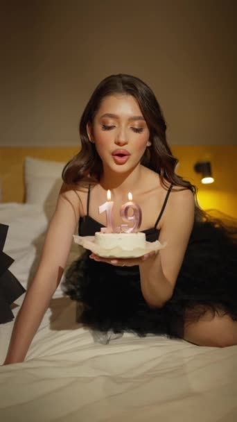 Young Woman Holding Her Birthday Cake While Lying Bed Luxury — Stock Video