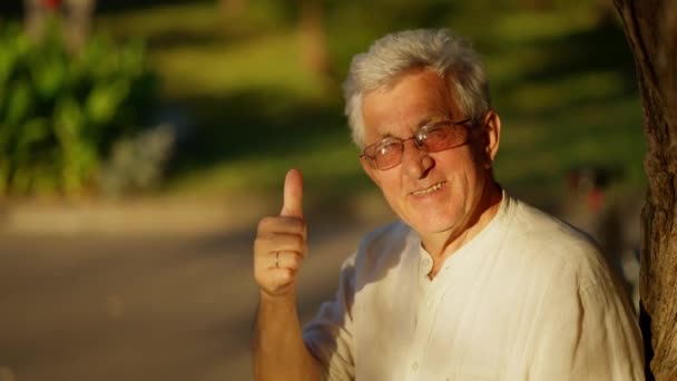 Позитивный Пожилой Мужчина Показывает Большие Пальцы Подтверждающие Хорошее Настроение — стоковое видео