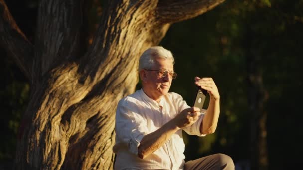 Szczęśliwy Starszy Mężczyzna Lat Tych Użytkownik Gospodarstwa Smartfon Oglądanie Rozmowy — Wideo stockowe