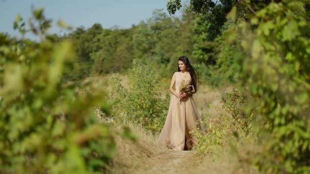 자연의 우아한 베이지 드레스를 여자는 그녀의 번들과 침묵을 — 비디오