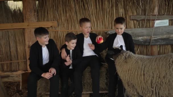 Vier Kinder Businesskleidung Sitzen Auf Einer Bank Grünen — Stockvideo