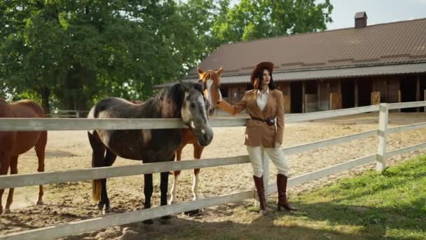 Vrouw Paardenmode Poseert Met Een Paard Een Zonnige Ranch — Stockvideo