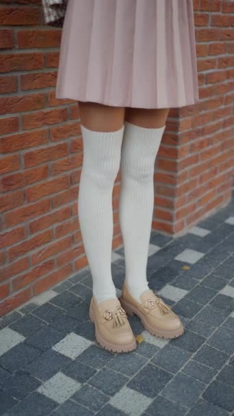 Bottom Half Outfit Showing Pastel Pink Pleated Skirt White Knee — Stock Video