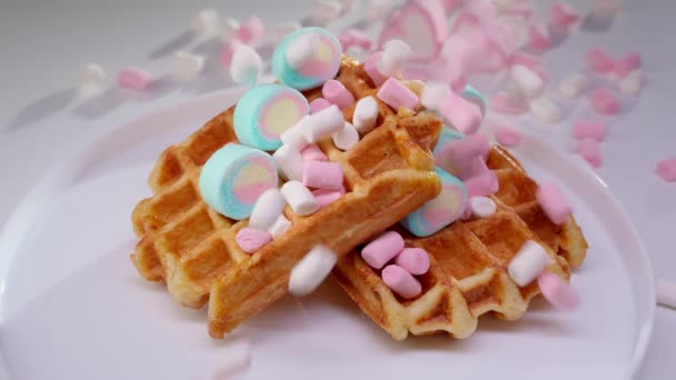 벨기에 와플은 물린에 색상과 맛있는 달콤함을 달콤한 마쉬멜로우로 장식되어 있습니다 — 비디오