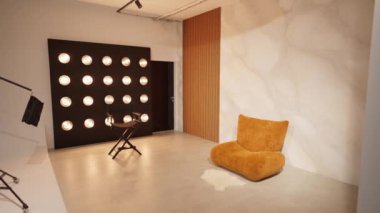 Parlak spot ışıkları ve lüks mobilyalarıyla modern fotoğraf stüdyosu.