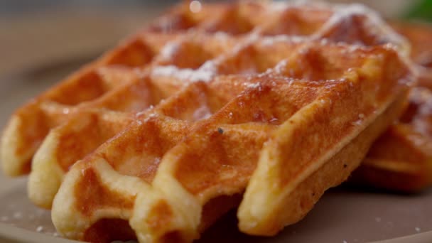 Questo Waffle Belga Cosparso Zucchero Velo Presenta Dolce Invito Una — Video Stock