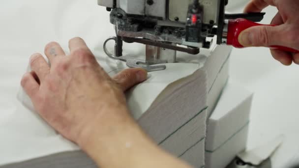Trabalhador Corta Tecido Numa Fábrica Costura Conceito Domínio — Vídeo de Stock