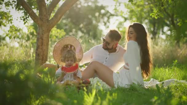 Teplé Paprsky Slunce Osvětlují Šťastnou Rodinu Pikniku — Stock video
