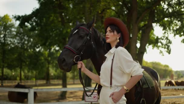 Elegante Equestre Conduce Cavallo Ranch Nel Soffice Bagliore Del Tramonto — Video Stock