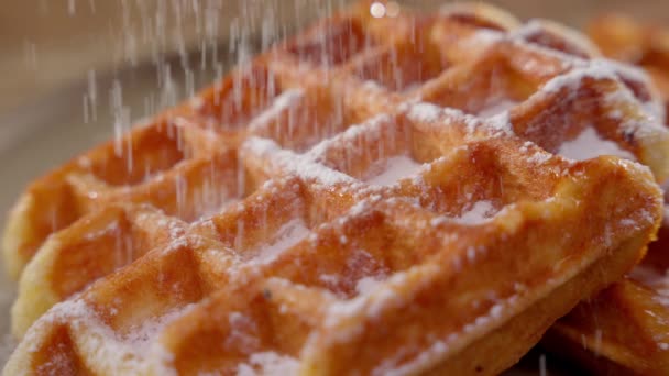 Este Waffle Belga Polvilhado Com Açúcar Apresenta Doce Convite Para — Vídeo de Stock