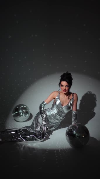 Cool Young Woman Silver Dress Disco Ball Poses Erotically Camera — Stock Video