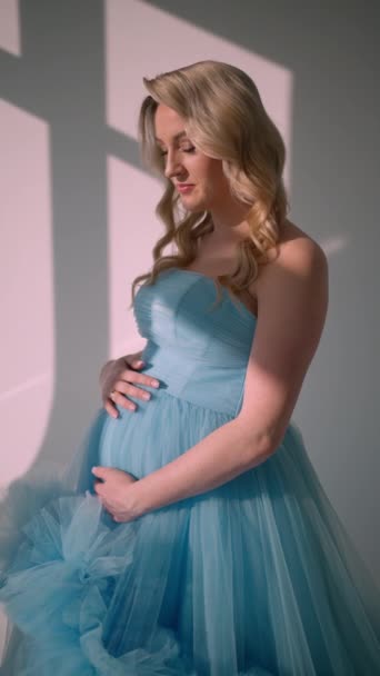 Modelo Embarazada Vestido Azul Abraza Suavemente Vientre Redondo — Vídeo de stock